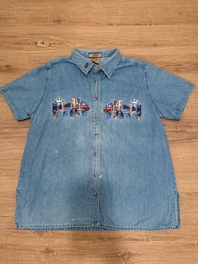 VTG Cottagecore Grandma Embroidered Short-Sleeve Chambray Button Up Sz 1X XL